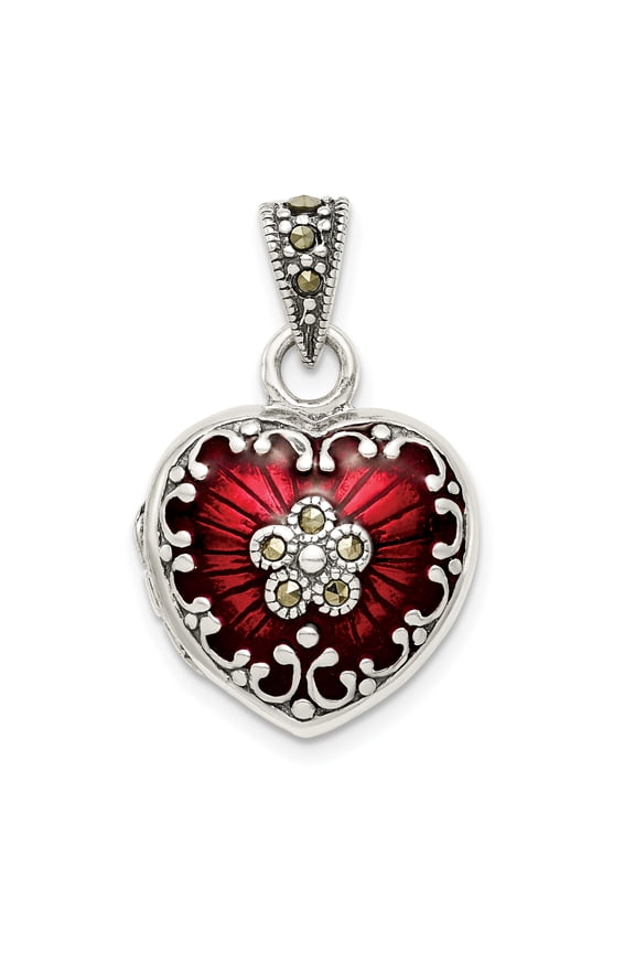 Sterling Silver Red Enamel and Marcasite Heart Locket, Pendant, Pendants for Necklace