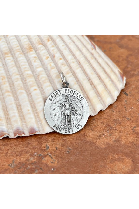 Sterling Silver Antiqued Saint Florian Protect Us Round Medal Pendant 20mm