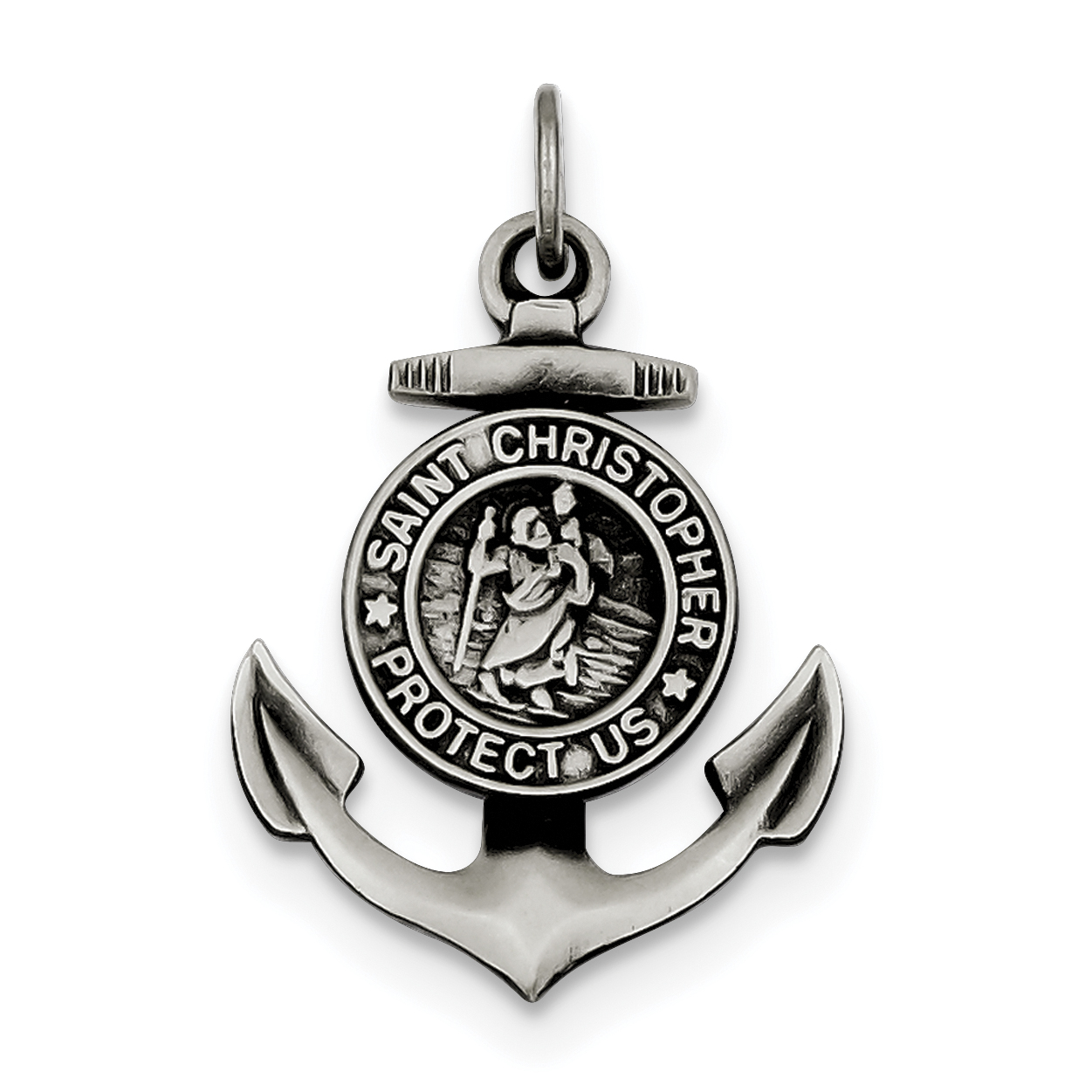 Sterling Silver Antiqued Satin St Christopher Anchor Medal Pendant