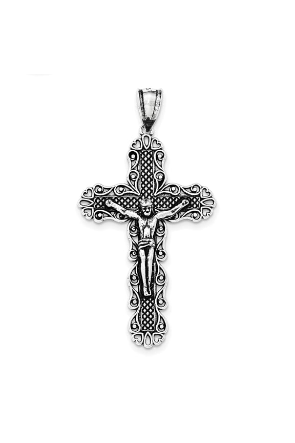 Sterling Silver Antiqued & Textured Large Floral Cross w/Jesus Pendant