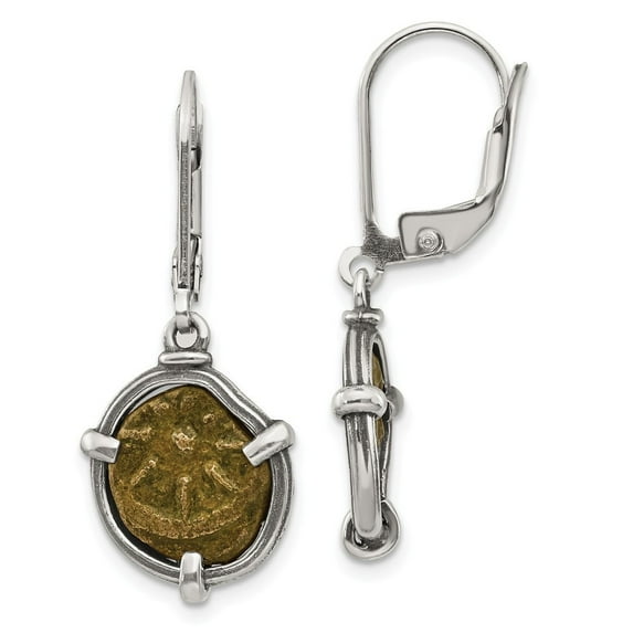 Sterling Silver Antiqued Widows Mite Coin Leverback Earrings - Measures 36x15mm Wide