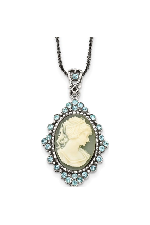 Sterling Silver Antiqued With Crystal Resin Cameo 16 Inch Necklace Made In Thailand qh787-16