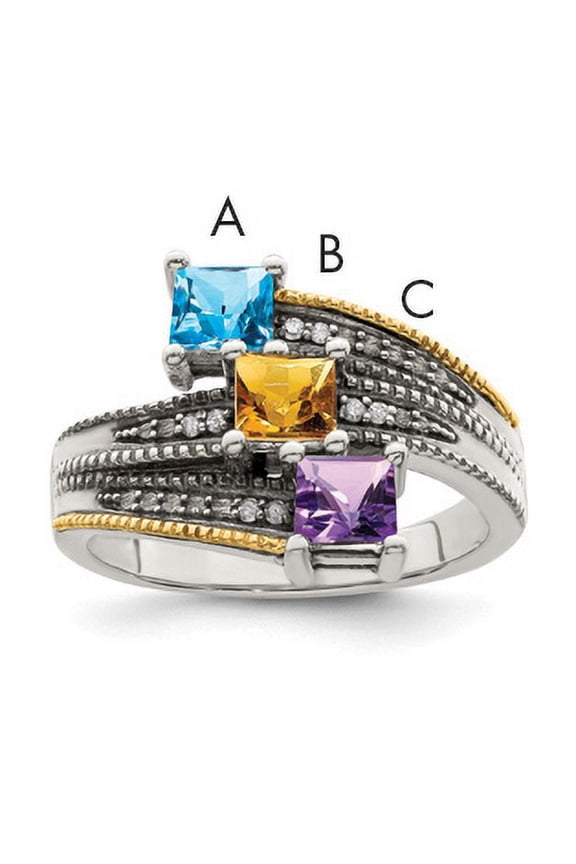 Sterling Silver Antiqued w/14k 3-stone w/Diamond Mother's Semi-Mount Ring Q-QMR12/3-7