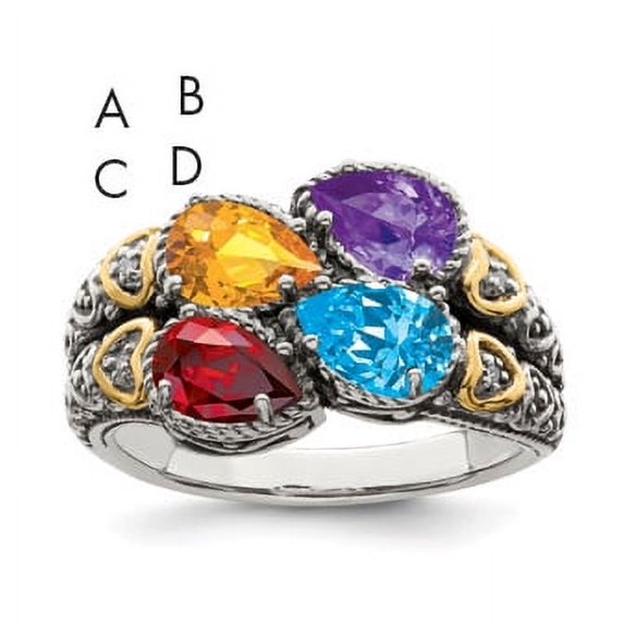 Sterling Silver Antiqued w/14k 4-stone w/Diamond Mother's Ring QMR20/4SY