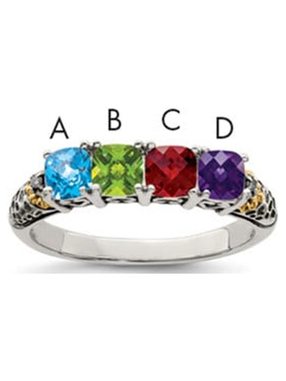 Sterling Silver Antiqued w/14k 4-stone w/Diamond Mother's Ring Semi-Mount