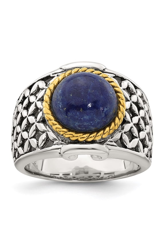 Sterling Silver Antiqued with Gold-plated Accent Polished Round Lapis Cabochon Woven Pattern Ring