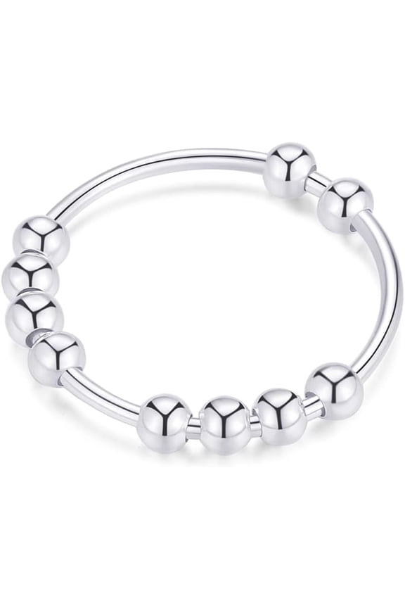 Sterling Silver Anxiety Rings Fidget Ring for Women & Men Silver Thumb Rings with Beads Spinning Spinner Ring Stress Relief Anxiety Fidget Jewelry Ideal Gift