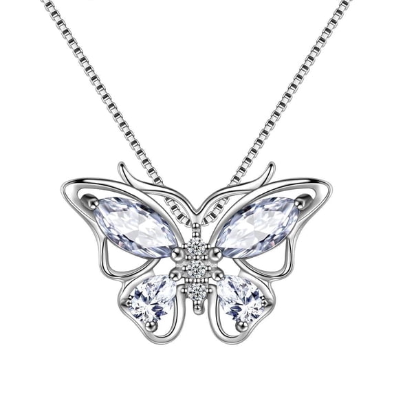 Juwaliy April Birthstone Butterfly Necklaces 925 Sterling Silver Pendant White CZ Jewelry Women Wife Christmas Valentines Mother's Day Gifts