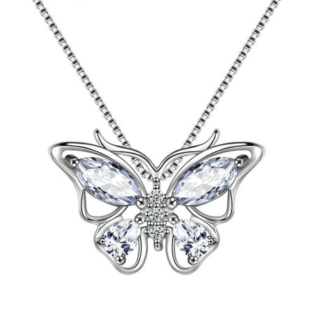 Juwaliy April Birthstone Necklace Diamond Butterfly Necklaces 925 Sterling Silver Pendant Jewelry Women Wife Christmas Valentines Mother's Day Gifts