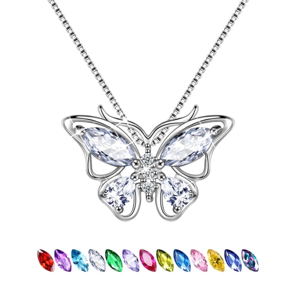 Juwaliy April Birthstone Necklace Diamond Butterfly Necklaces 925 Sterling Silver Pendant Jewelry Women Wife Christmas Valentines Mother's Day Gifts