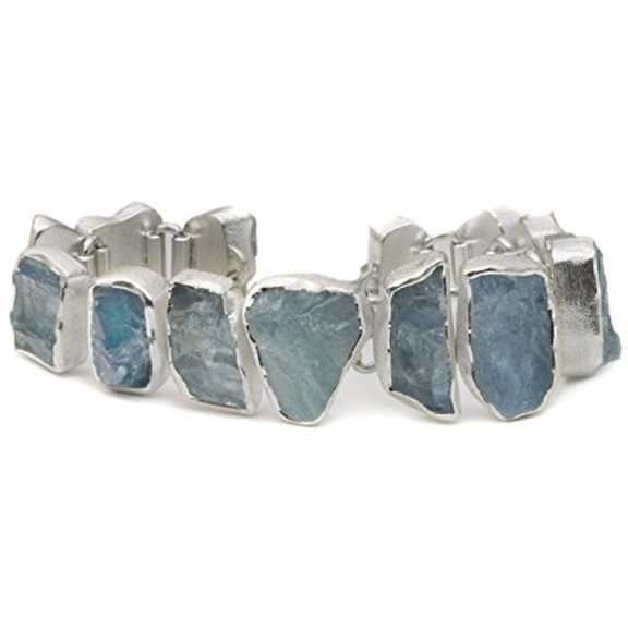 Sterling Silver Aquamarine Bracelet Rough Cut Bezel Set Linked Adjustable, 7" 7.5" 8" for Adult Women