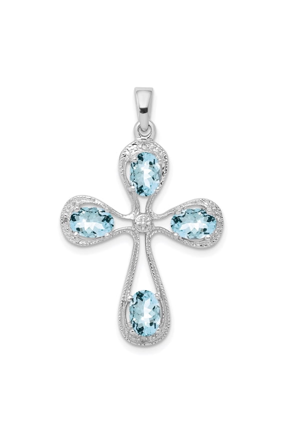 Sterling Silver Aquamarine Cross Pendant Necklace with Blue Accents for Men and Women Vintage Inspired Religious Jewelry Faith Symbol Oval Gemstone Spiritual Fashion Accessory