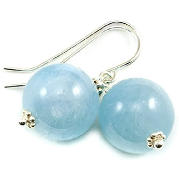 Sterling Silver Aquamarine Earrings Blue Round Smooth Cut Large Drops French Ear wires for Adult Women