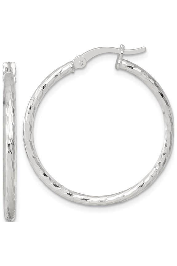 Sterling Silver Artisan, Dazzling, Trendy 32.1 Mm 29.9 Polished Diamond-Cut 30X2Mm Round Hoop Earrings