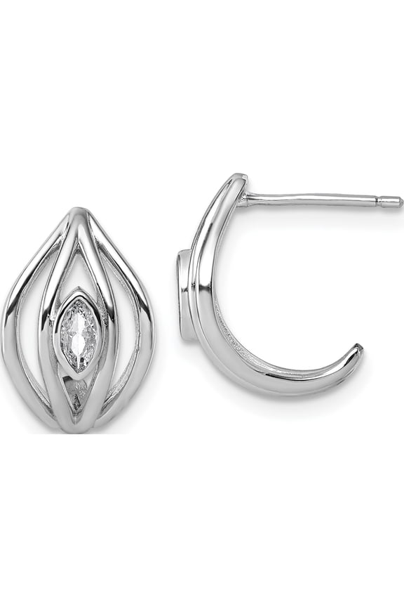 Sterling Silver Artisan, Vibrant Rhodium-Plated Marquise Cz Polished Oval J-Hoop Post Earrings