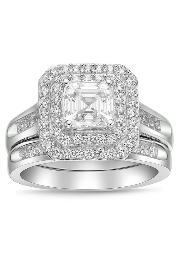 Asscher with Double Halo Simulated Diamond Bridal Set Rings