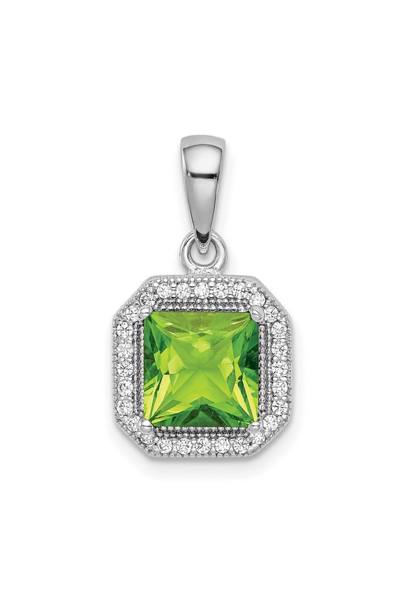 Sterling Silver August Birthstone Pendant Necklace for Women, Square Cut Green Gemstone with Cubic Zirconia Halo, Minimalist Elegant Statement Jewelry