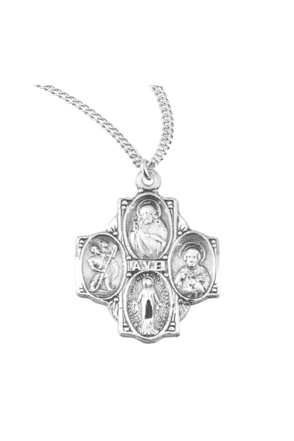 Sterling Silver 'Ave' 4-Way Medal, 20" Rhodium Plated Stainless Steel Chain, Deluxe Velvet Gift Box