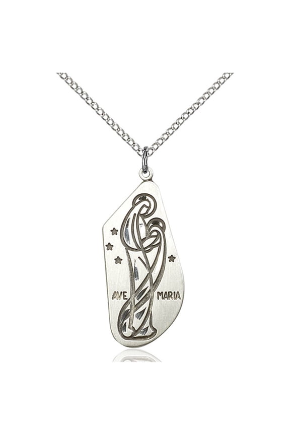 Sterling Silver Ave Maria Pendant 1 1/4 x 1/2 inches with Sterling Silver Lite Curb Chain