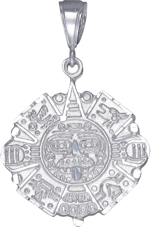 Sterling Silver Aztec Calendar Charm Pendant Necklace Antique Finish with 24 Inch Figaro Chain