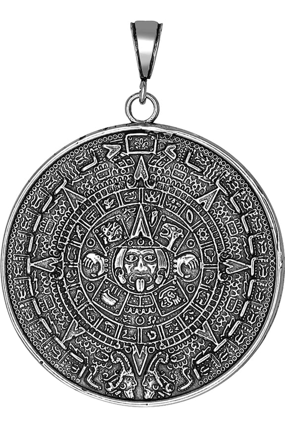 Sterling Silver Aztec Calendar Charm Pendant Necklace Antique Finish with 24 Inch Figaro Chain