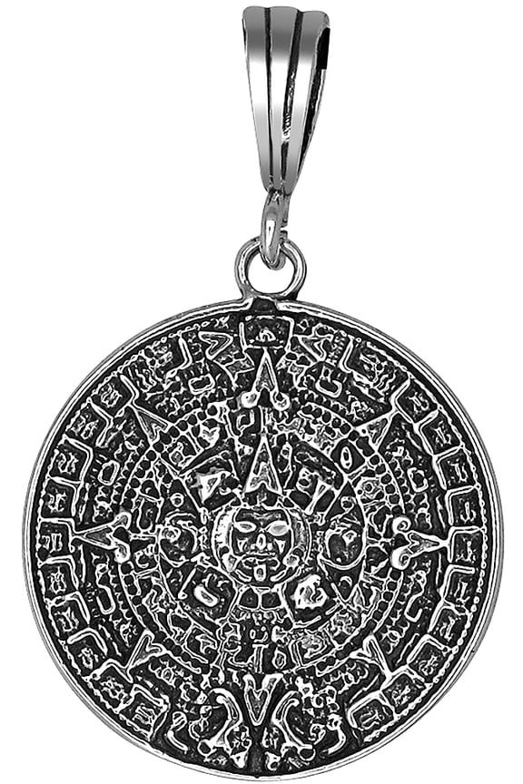 Sterling Silver Aztec Calendar Charm Pendant Necklace Antique Finish with 24 Inch Figaro Chain