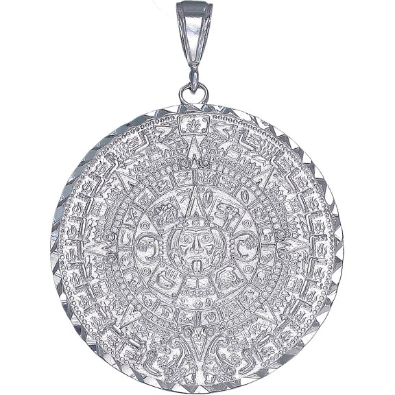 Sterling Silver Aztec Calendar Mayan Sun Charm Pendant Necklace with Diamond Cut Finish and 24 Inch Figaro Chain