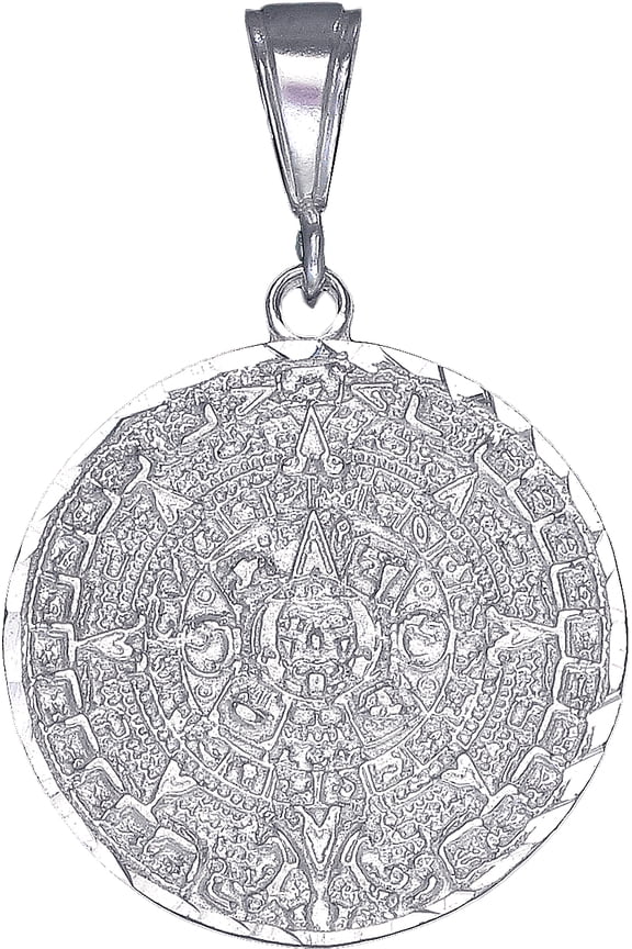 Sterling Silver Aztec Calendar Mayan Sun Charm Pendant Necklace with Diamond Cut Finish and 24 Inch Figaro Chain