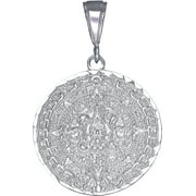 Sterling Silver Aztec Calendar Mayan Sun Charm Pendant Necklace with Diamond Cut Finish and 24 Inch Figaro Chain