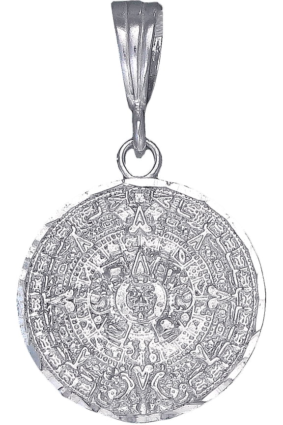 Sterling Silver Aztec Calendar Mayan Sun Charm Pendant Necklace with Diamond Cut Finish and 24 Inch Figaro Chain
