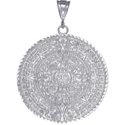 Sterling Silver Aztec Calendar Mayan Sun Charm Pendant Necklace with Diamond Cut Finish and 24 Inch Figaro Chain