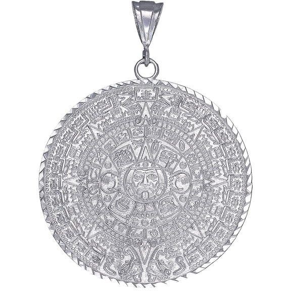 Sterling Silver Aztec Calendar Mayan Sun Charm Pendant Necklace with Diamond Cut Finish and 24 Inch Figaro Chain