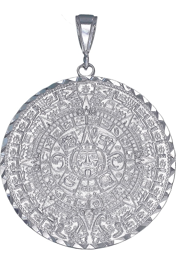 Sterling Silver Aztec Calendar Mayan Sun Charm Pendant Necklace with Diamond Cut Finish and 24 Inch Figaro Chain