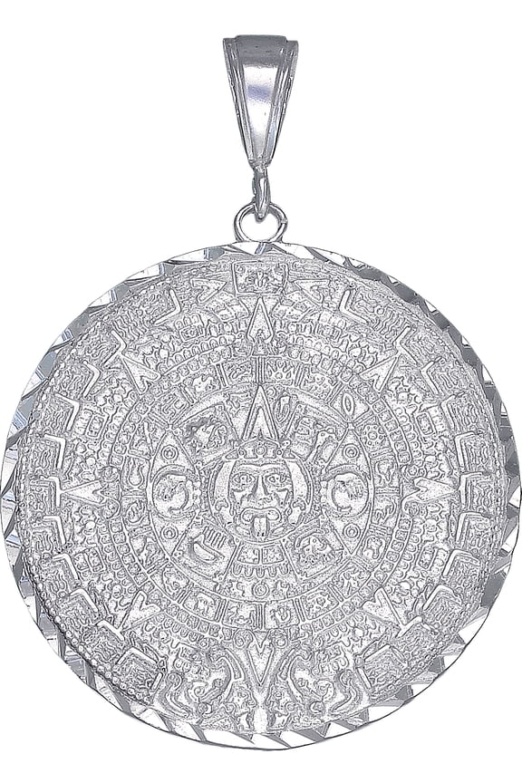 Sterling Silver Aztec Calendar Mayan Sun Charm Pendant Necklace with Diamond Cut Finish and 24 Inch Figaro Chain