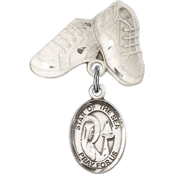 Sterling Silver Baby Badge with Our Lady of Star of the Sea Charm and Baby Boots Pin 1 X 5/8 inches