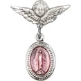 thumbnail image 1 of Sterling Silver Baby Badge with Pink Miraculous Charm and Angel w/Wings Badge Pin 1 X 3/4 inches, 1 of 1