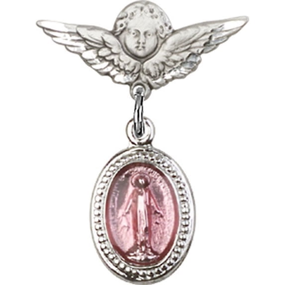 Sterling Silver Baby Badge with Pink Miraculous Charm and Angel w/Wings Badge Pin 1 X 3/4 inches