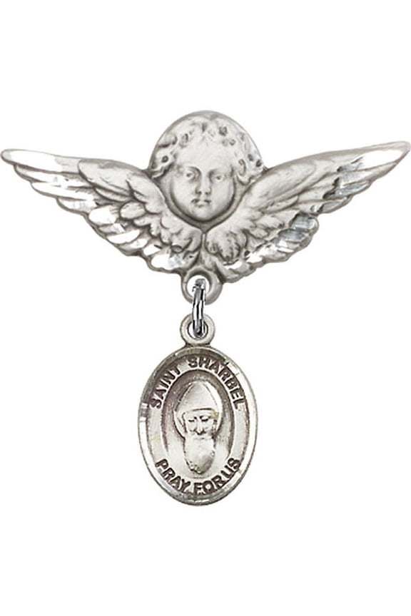Sterling Silver Baby Badge with St. Sharbel Charm and Angel w/Wings Badge Pin 1 1/8 X 1 1/8 inches