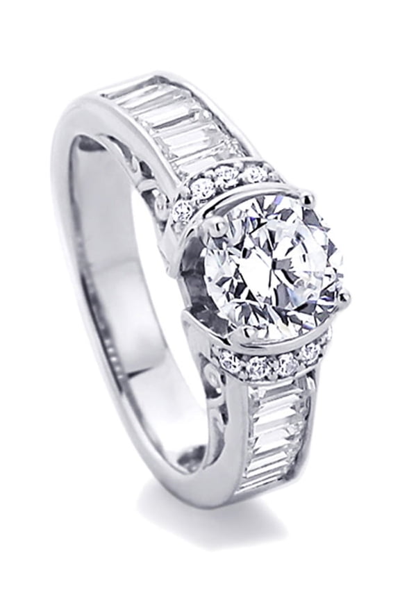 Sterling Silver Baguette Accented Round CZ Solitaire Engagement Ring