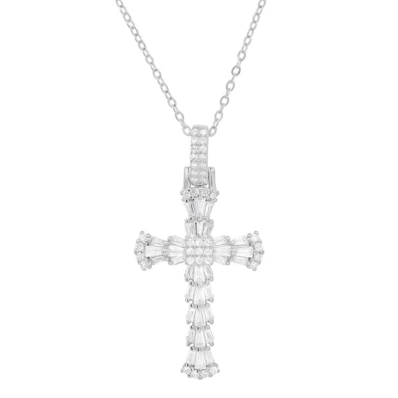 Sterling Silver Baguette-Cut Cubic Zirconia Cross Pendant