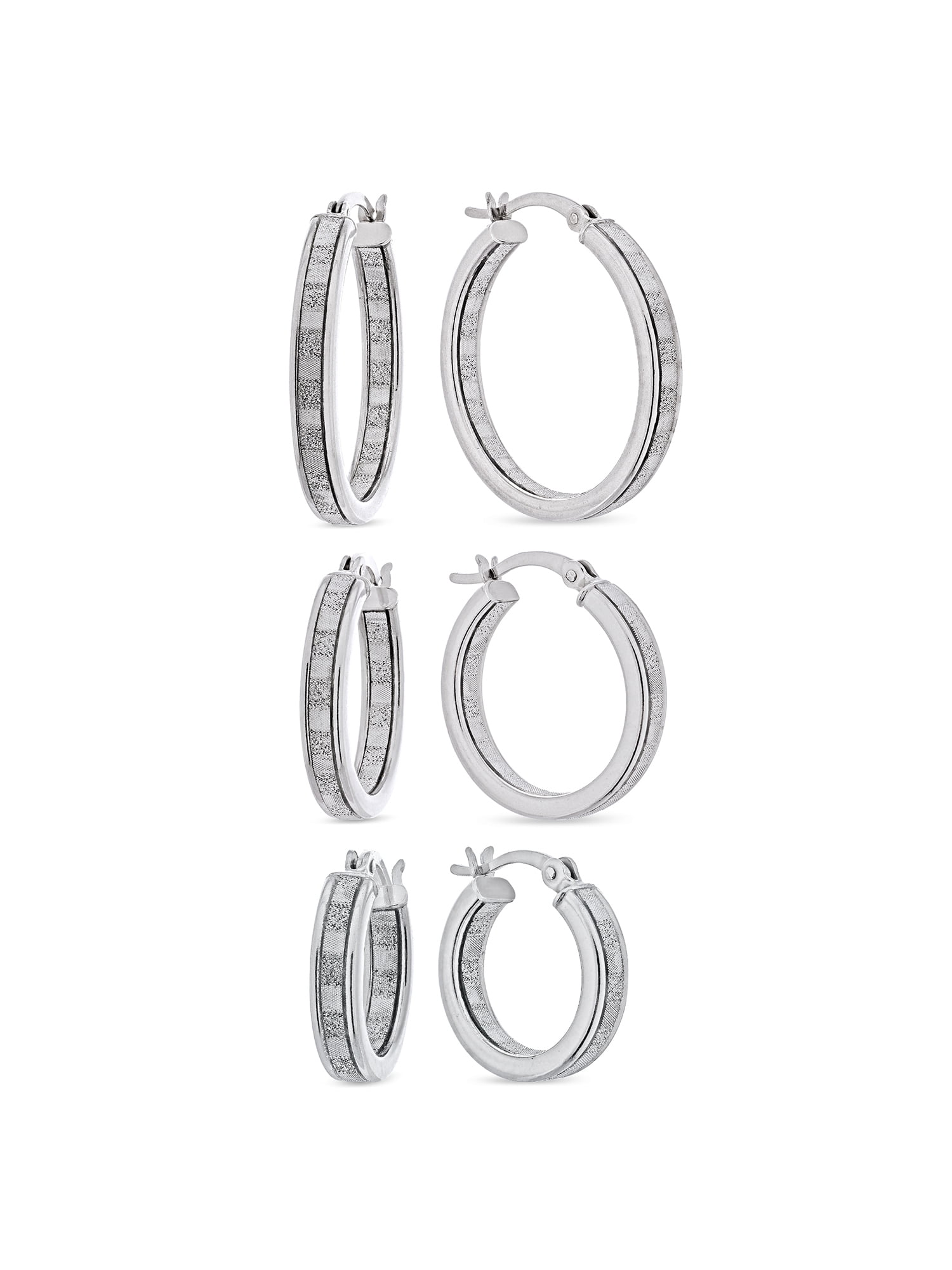 Sterling Silver Baguette Cut Glitter Hoop Earrings Set