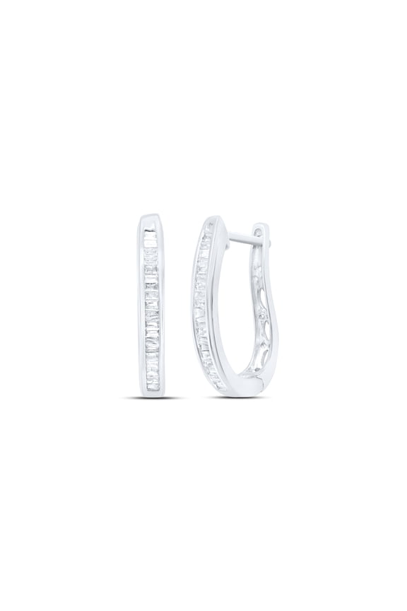 Sterling Silver Baguette Diamond Channel-set Womens Oblong Hoop Earrings 1/4ctw, Length: 0.77 Inch Width: 0.1 Inch