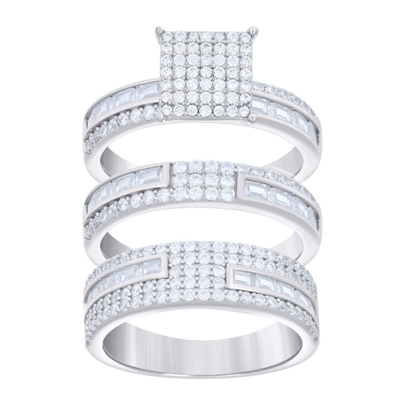 Sterling Silver Baguette Round Cubic-Zirconia Trio Bridal Anniversary Wedding Engagement Band Ring Set Size 6