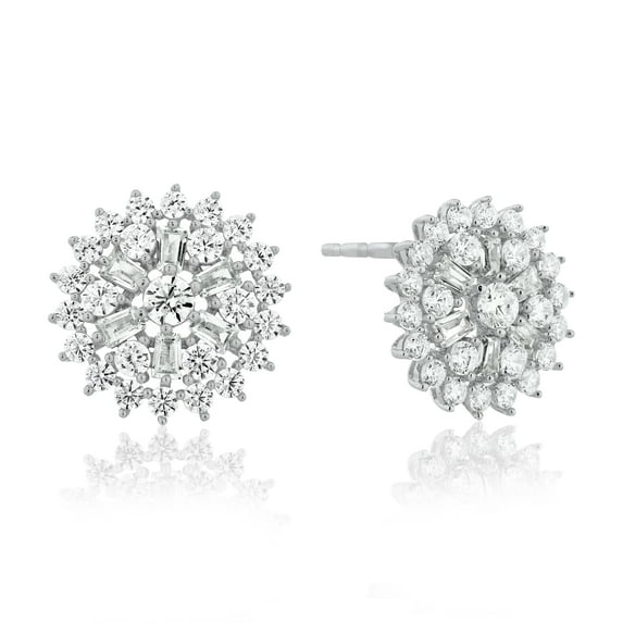 Sterling Silver Baguette and Round Simulated Diamond Stud Earrings