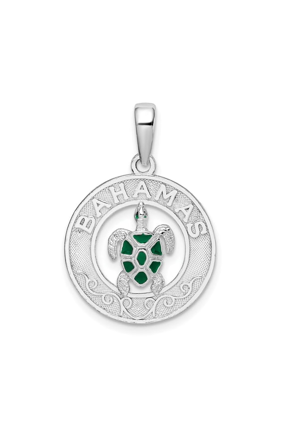 Sterling Silver Bahamas Sea Turtle Pendant with Green Enamel, Tropical Ocean Necklace for Women or Unisex, Coastal Island Jewelry, Longevity Symbol, Caribbean Travel Souvenir