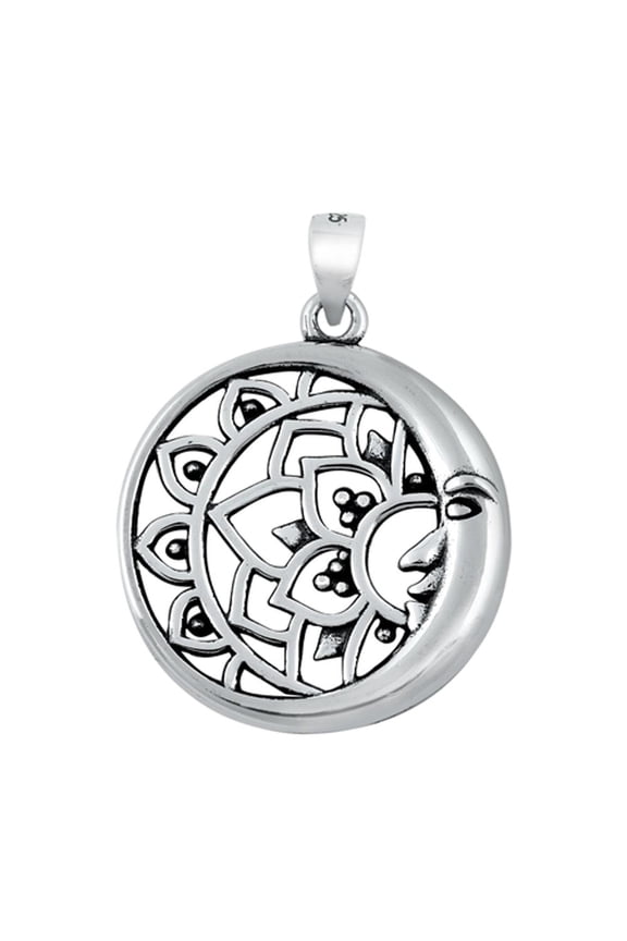 Sterling Silver Bali Crescent Moon Pendant Oxidized Lotus Sun Charm 925 Jewelry Female Unisex
