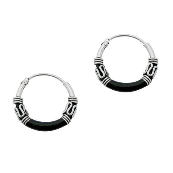 Sterling Silver Bali Design Color Coated 14mm Hoop Earrings, Black