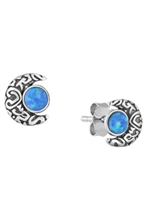 Sterling Silver Bali Moon Blue Simulated Opal Celestial Earrings 925 Jewelry Female Unisex