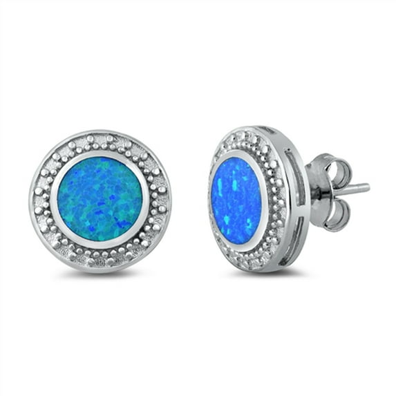 Sterling Silver Bali Style Circle Elegant Boho Earrings Blue Simulated Opal 925 Jewelry Female