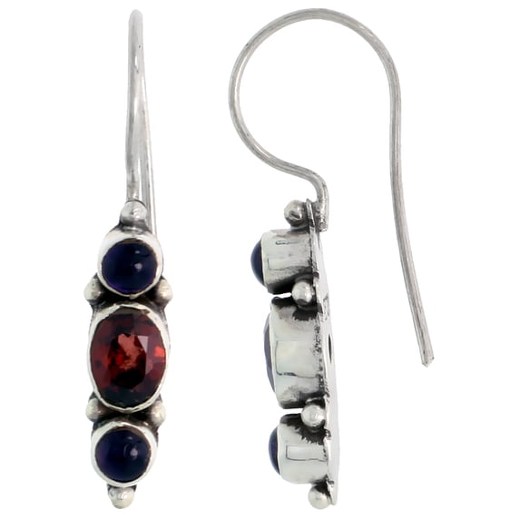 Sterling Silver Bali Style Earrings, 7 x 5 mm Oval Cut Natural Garnet & Two 4mm Round Cabochon Natural Amethyst Stones, 13/16 inch tall